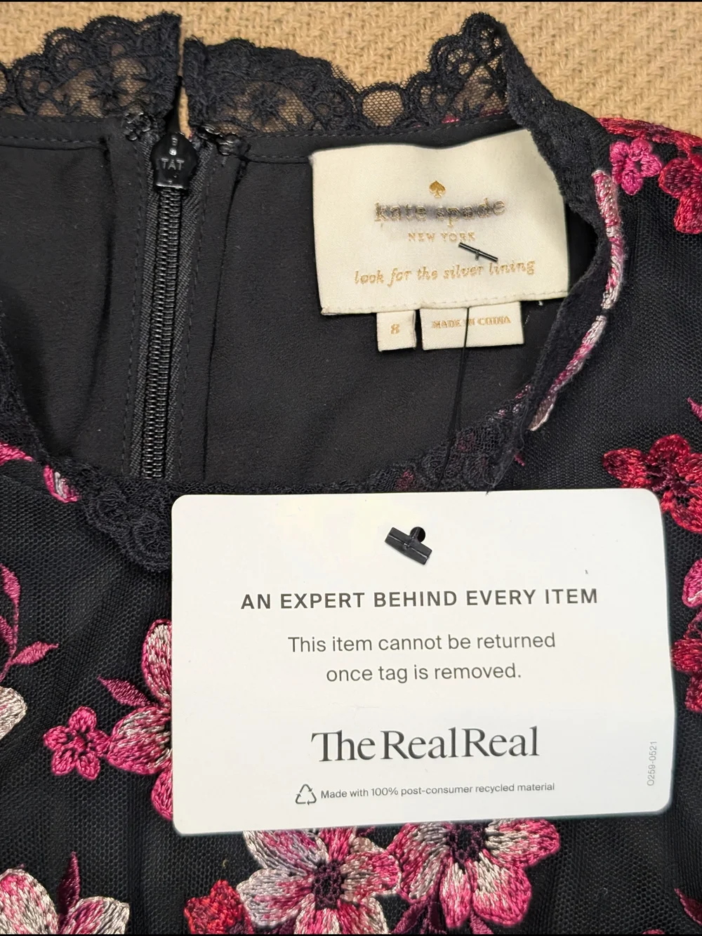 Kate Spade Black and Pink Floral Embroidered Tulle Flutter Sleeve Mini Dress
